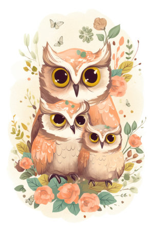 Two cute owls sitting on a branch with flowers. Vector illustration.の素材
