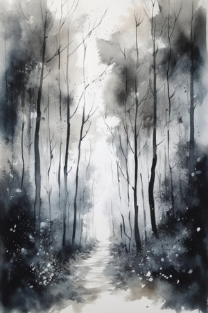 Watercolor painting of a path in the woods. Black and white.の素材
