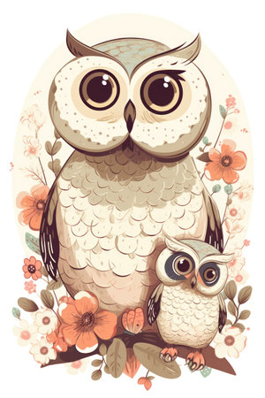 Owls sitting on a branch with flowers. Vector illustration.の素材