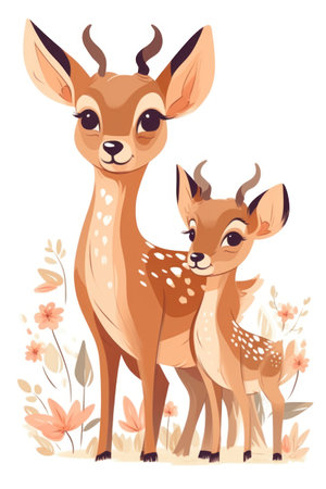 Mother and baby deer. Cartoon illustration of mother and child deer. Vector illustration.の素材