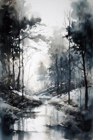 Watercolor landscape with a small river in the forest. Digital painting.の素材