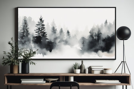 Interior of modern living room with white walls, wooden floor, panoramic window and black mock up poster. 3d renderingの素材
