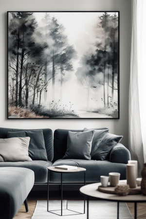 Modern living room interior with blue sofa, coffee table, coffee table and black painting on a wallの素材