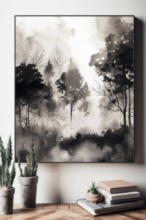 Modern interior design, living room with black painting on the wall, 3d renderの素材