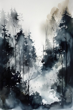 Abstract black and white watercolor painting of pine trees in the forest.の素材