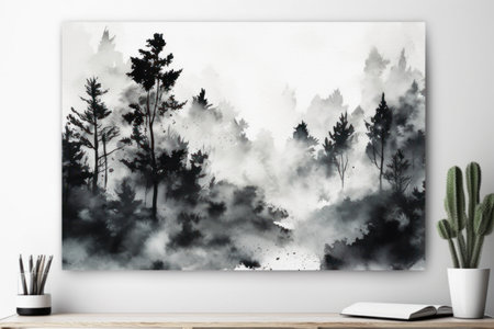 Interior of modern living room with white walls, concrete floor, black and white picture frame and cactus. 3d renderingの素材