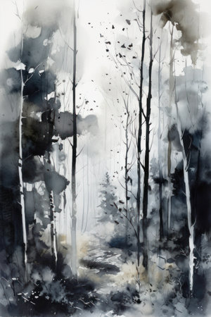 Watercolor painting of autumn forest. Black and white forest landscape.の素材