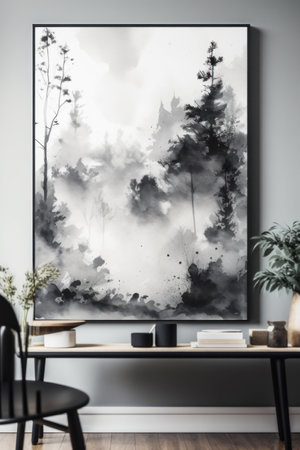Interior of modern living room with black and white painting on the wallの素材