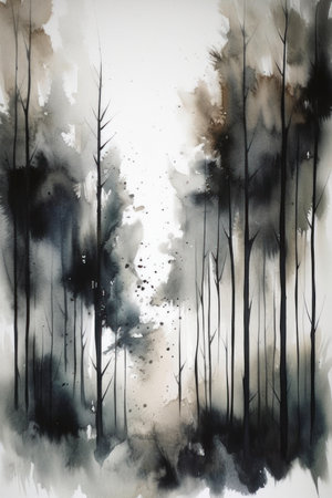 Pine forest in black and white. Watercolor painting on paper.の素材