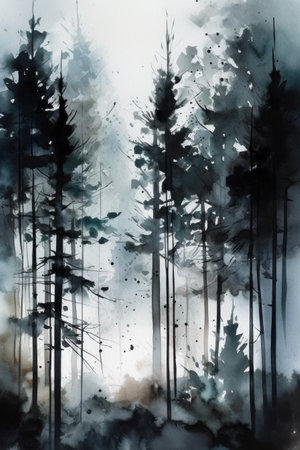 Watercolor painting of pine trees in the forest. Black and white illustration.の素材