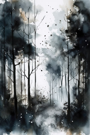 Abstract watercolor painting of forest in black and white, natural backgroundの素材