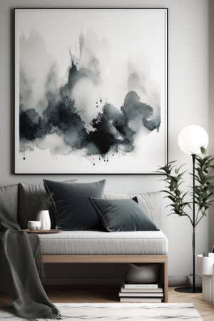 Modern bedroom interior with black painting on the wall. 3D Renderingの素材