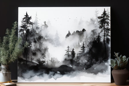 Poster with a picture of a forest in the fog. Black backgroundの素材
