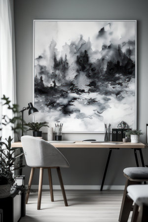 Modern office interior with wooden desk, chair, coffee table and painting on wallの素材