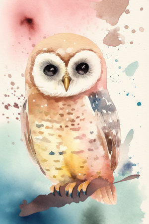 Watercolor illustration of a cute owl sitting on a branch. Hand drawn watercolor illustration.の素材