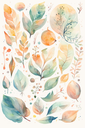 Set of watercolor leaves and branches. Hand drawn vector illustration.の素材