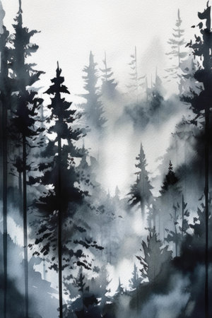 Watercolor black and white landscape with coniferous forest in fogの素材