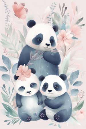 Cute cartoon panda family with flowers. Watercolor illustration.の素材
