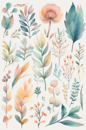 Watercolor floral set. Hand drawn watercolor flowers, leaves and branches.の素材