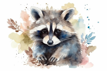 Watercolor raccoon portrait. Hand painted animal illustration on watercolor background.の素材