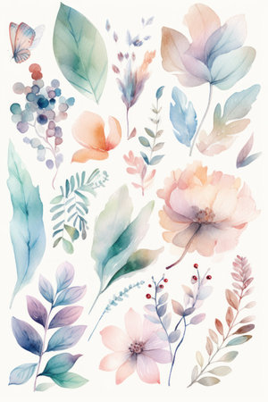 Watercolor floral set. Hand drawn flowers and leaves isolated on white background.の素材