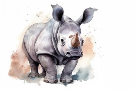Watercolor illustration of a rhinoceros isolated on white backgroundの素材