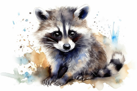 Watercolor raccoon. Hand drawn watercolor illustration on white backgroundの素材