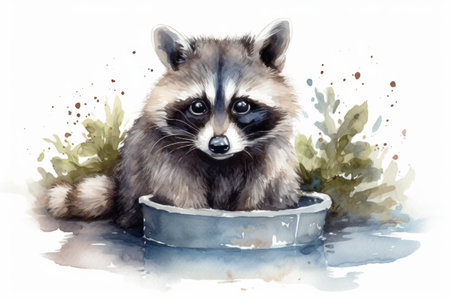 Watercolor portrait of a raccoon in a bowl with water.の素材