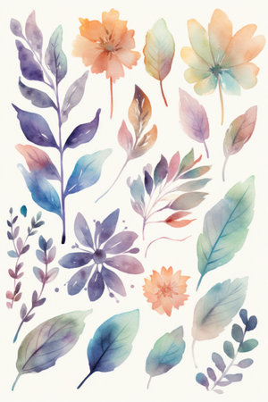 Watercolor floral set on white background. Hand-drawn illustration.の素材
