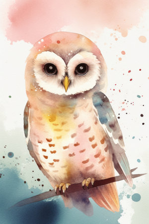 Watercolor painting of a cute owl on a branch. Pastel colors.の素材