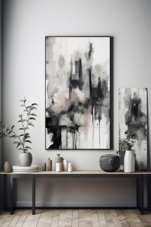 Interior of modern living room with gray walls, wooden floor, concrete floor and black mock up poster frame. 3d renderingの素材
