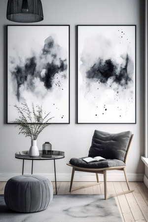 Modern living room interior with black armchair, coffee table and posters. Mock up, 3D Renderingの素材