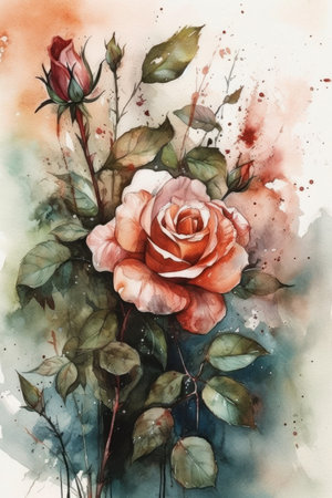 Watercolor painting of red rose with green leaves. Hand drawn illustration.の素材