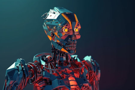 3d rendering robot or cyborg with colorful lights on dark backgroundの素材