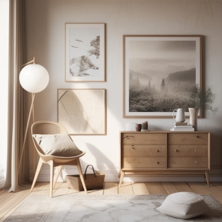Interior of modern scandinavian living room with beige walls, tiled floor, wooden chest of drawers and armchair. 3d renderの素材