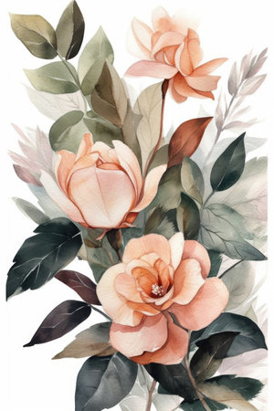 Beautiful watercolor illustration of a bouquet of roses with leaves.の素材