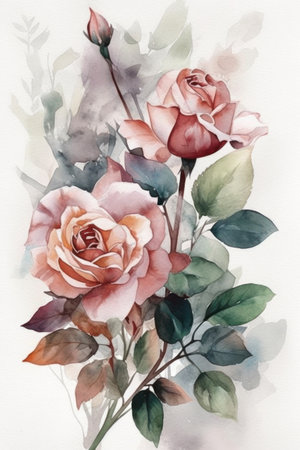 watercolor painting of a bouquet of pink roses on a white backgroundの素材