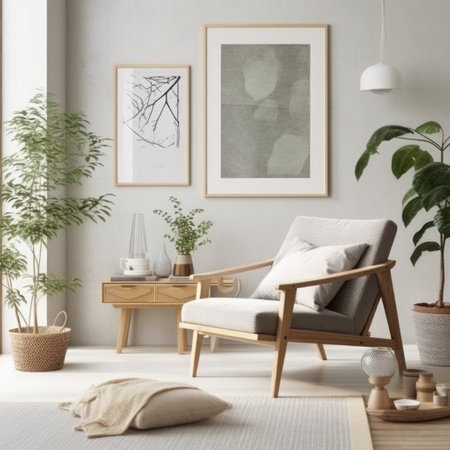 Interior of living room with armchair, coffee table and plant. 3d renderの素材