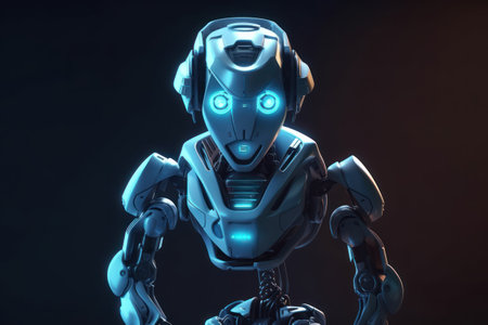 3D rendering of a male robot isolated on black background with blue lightの素材
