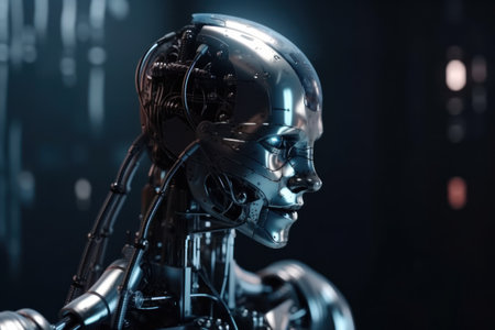 3d rendering robot or cyborg working in the dark, artificial intelligence conceptの素材