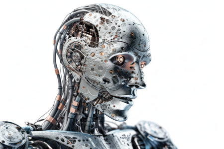 Cyborg robot on a white background. 3d rendering, 3d illustration.の素材