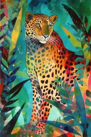 Leopard in the jungle. Watercolor painting. Hand drawn illustration.の素材