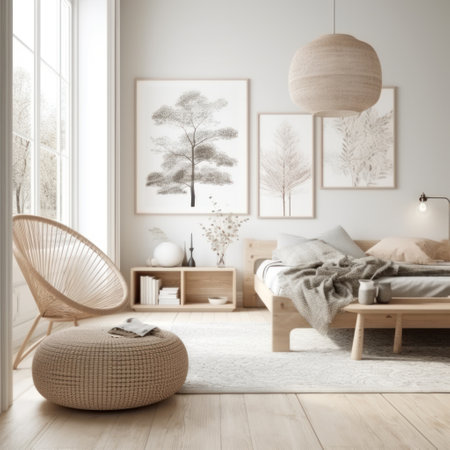Interior of modern bedroom in scandinavian style. 3d renderの素材