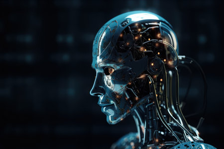 3d rendering artificial intelligence robot or cyborg with glowing lights on black backgroundの素材