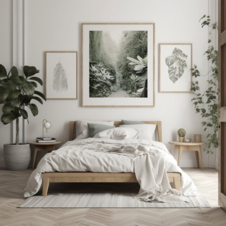 Interior of modern bedroom with mock up poster frame. 3d renderの素材