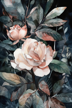 Watercolor painting of peony flowers on black background. Hand-drawn illustration.の素材