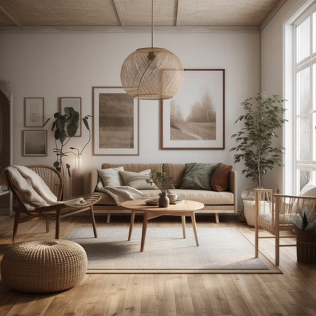 Interior of modern living room with beige walls, wooden floor, brown sofa and coffee table with plant. 3d renderingの素材