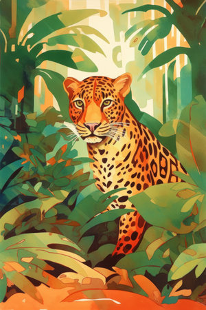 Leopard in the jungle. Watercolor painting. Vector illustration.の素材