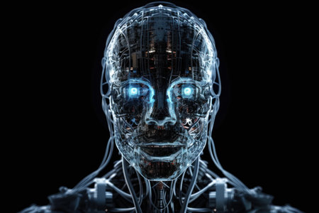 3D rendering of artificial intelligence concept with human head made of wireframeの素材