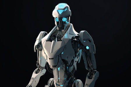 Robot on black background. 3D rendering. Futuristic robot.の素材